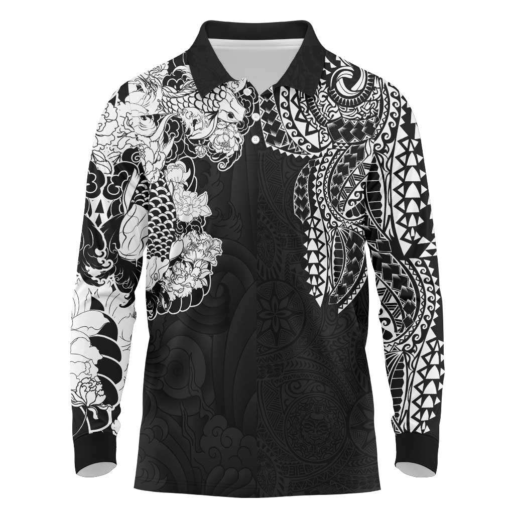 Japanese Irezumi and Hawaiian Polynesian Art Tattoo Long Sleeve Polo Shirt Black Color LT03 Black - Polynesian Pride