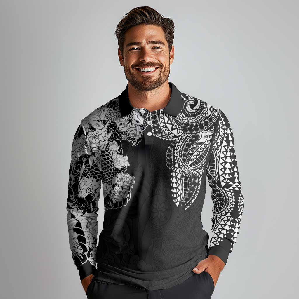 Japanese Irezumi and Hawaiian Polynesian Art Tattoo Long Sleeve Polo Shirt Black Color LT03 - Polynesian Pride
