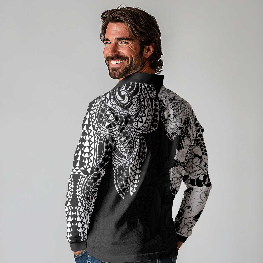 Japanese Irezumi and Hawaiian Polynesian Art Tattoo Long Sleeve Polo Shirt Black Color LT03 - Polynesian Pride