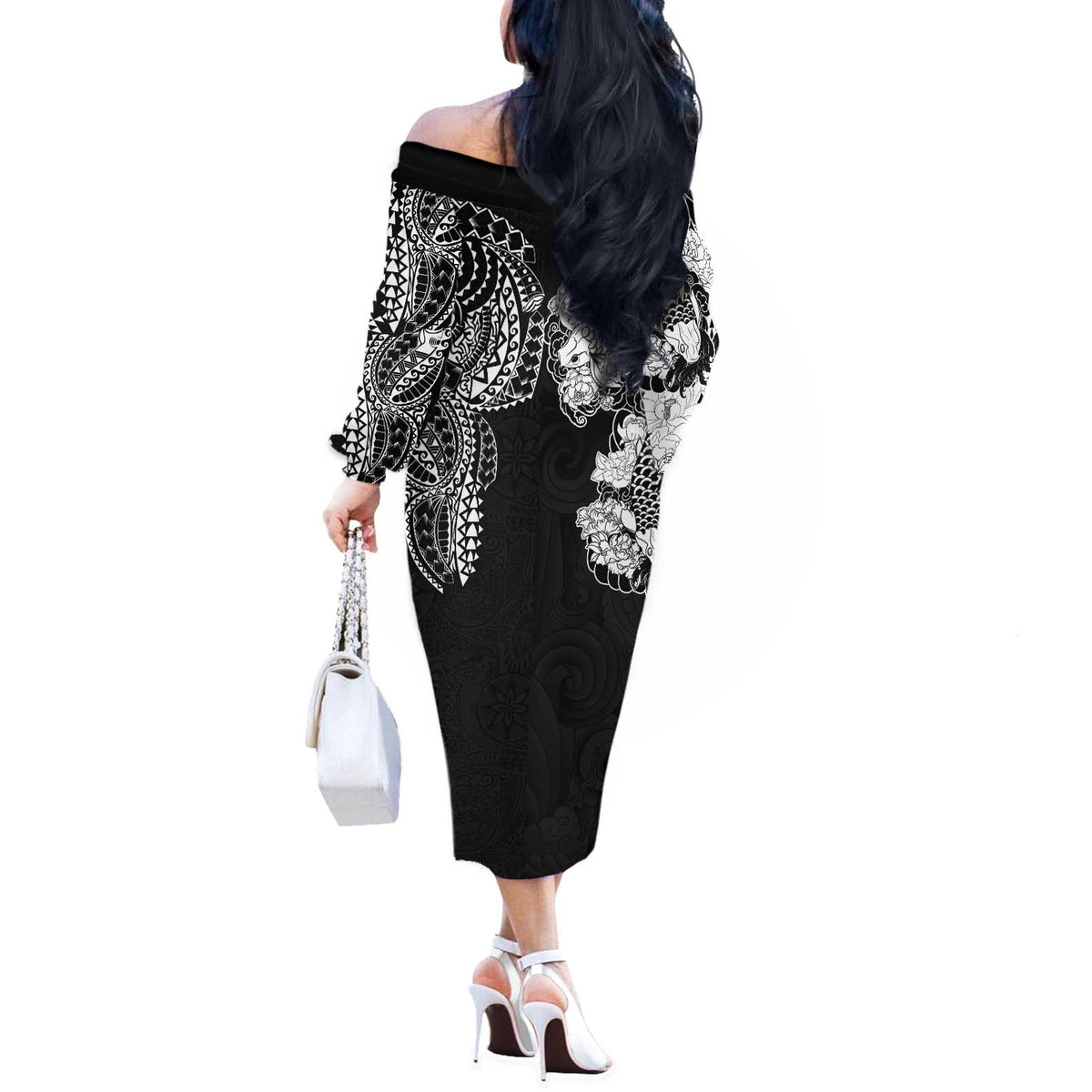 Japanese Irezumi and Hawaiian Polynesian Art Tattoo Off The Shoulder Long Sleeve Dress Black Color LT03 - Polynesian Pride
