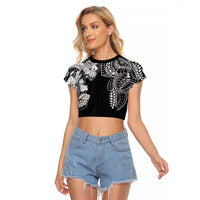 Japanese Irezumi and Hawaiian Polynesian Art Tattoo Raglan Cropped T Shirt Black Color LT03 Female Black - Polynesian Pride