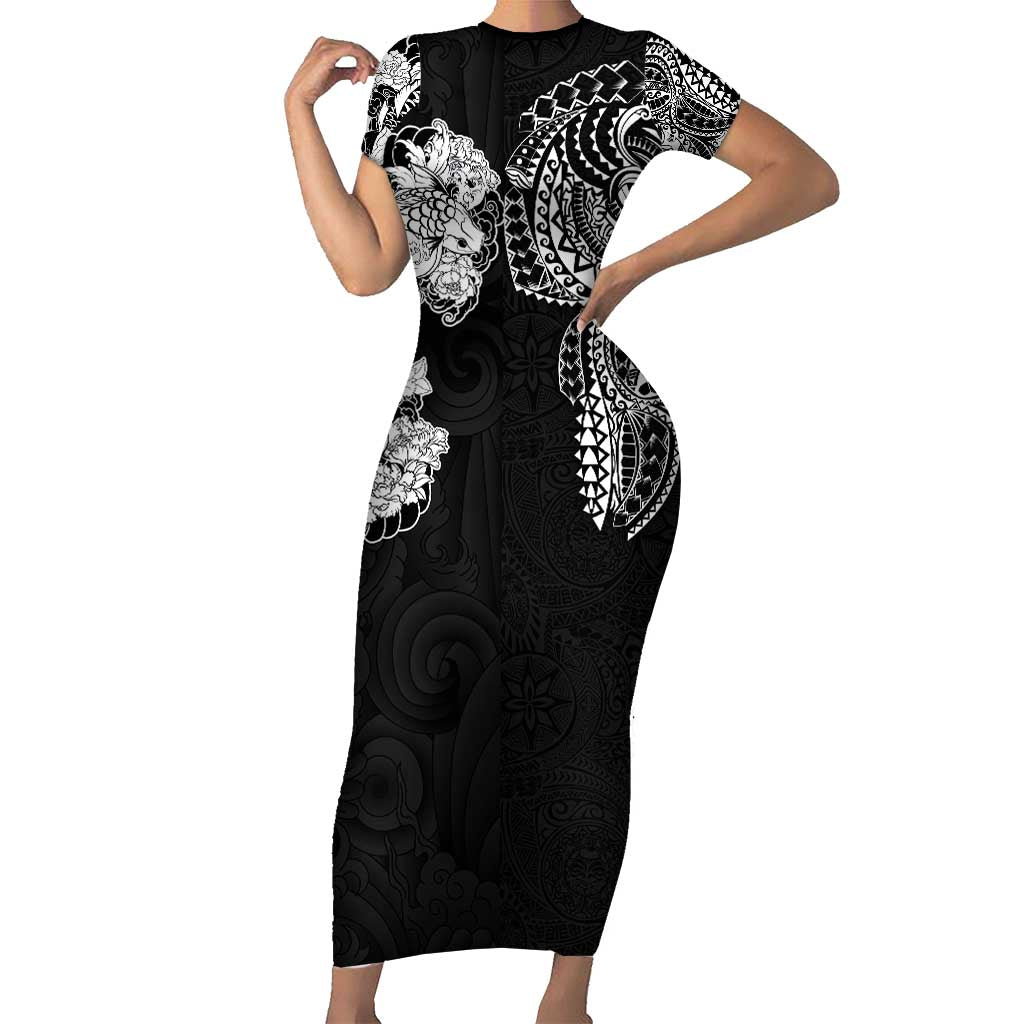 Japanese Irezumi and Hawaiian Polynesian Art Tattoo Short Sleeve Bodycon Dress Black Color LT03 Long Dress Black - Polynesian Pride