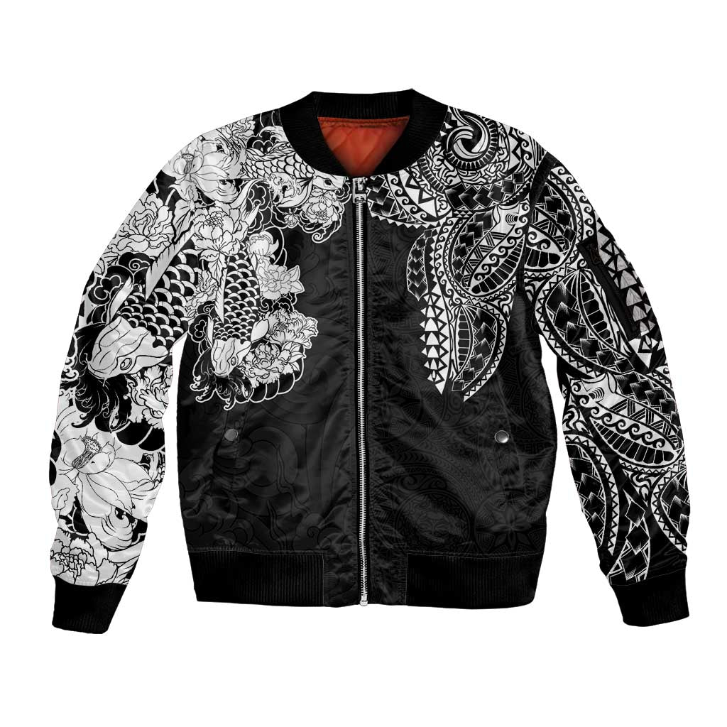 Japanese Irezumi and Hawaiian Polynesian Art Tattoo Sleeve Zip Bomber Jacket Black Color LT03 Unisex Black - Polynesian Pride