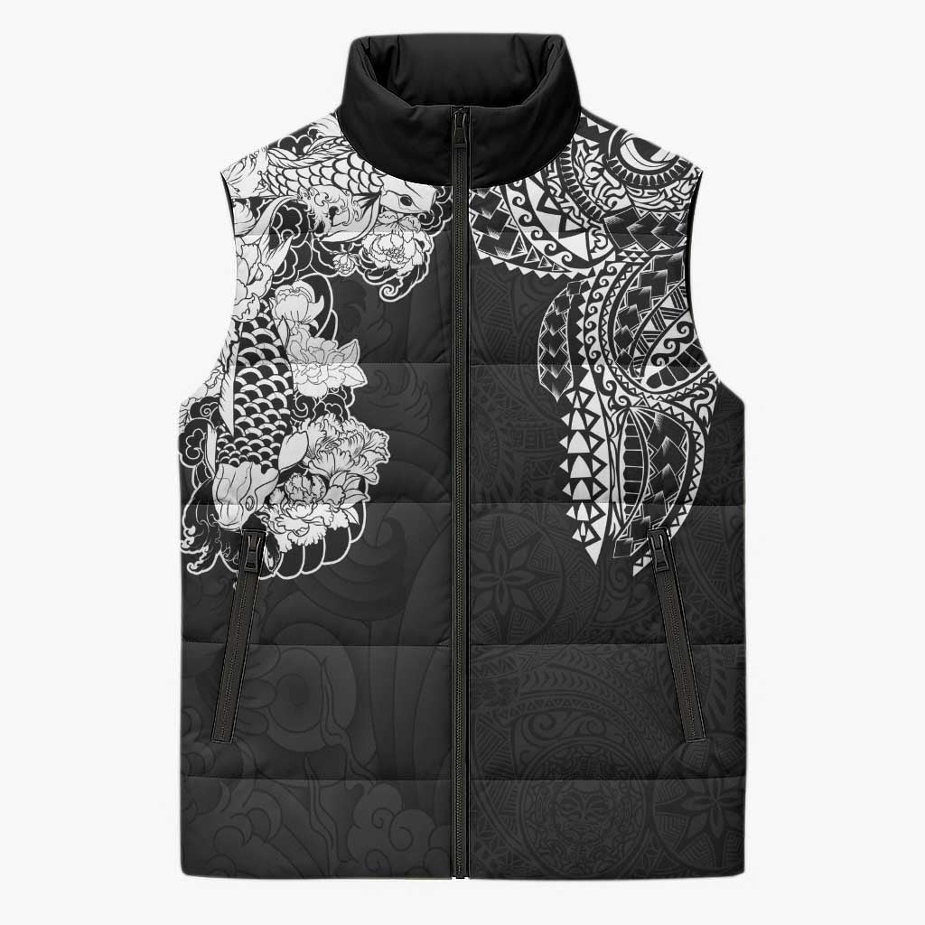 Japanese Irezumi and Hawaiian Polynesian Art Tattoo Sleeveless Puffer Jacket Black Color LT03 Unisex Black - Polynesian Pride