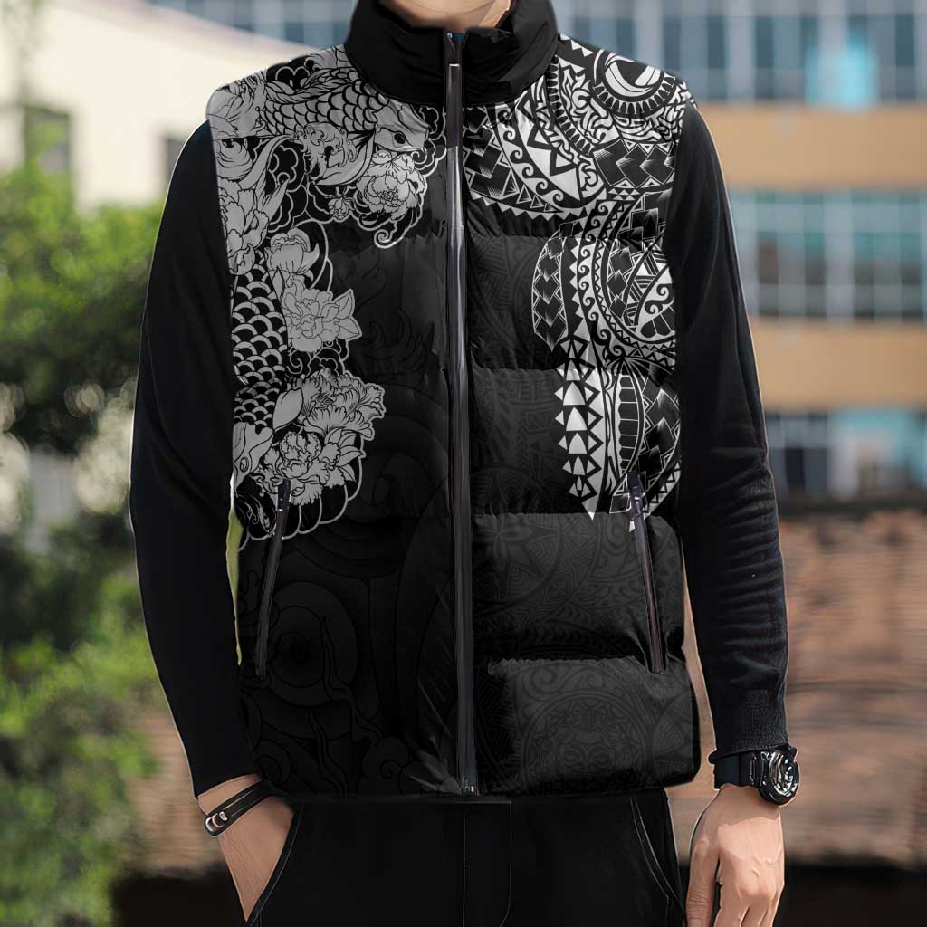 Japanese Irezumi and Hawaiian Polynesian Art Tattoo Sleeveless Puffer Jacket Black Color LT03 - Polynesian Pride