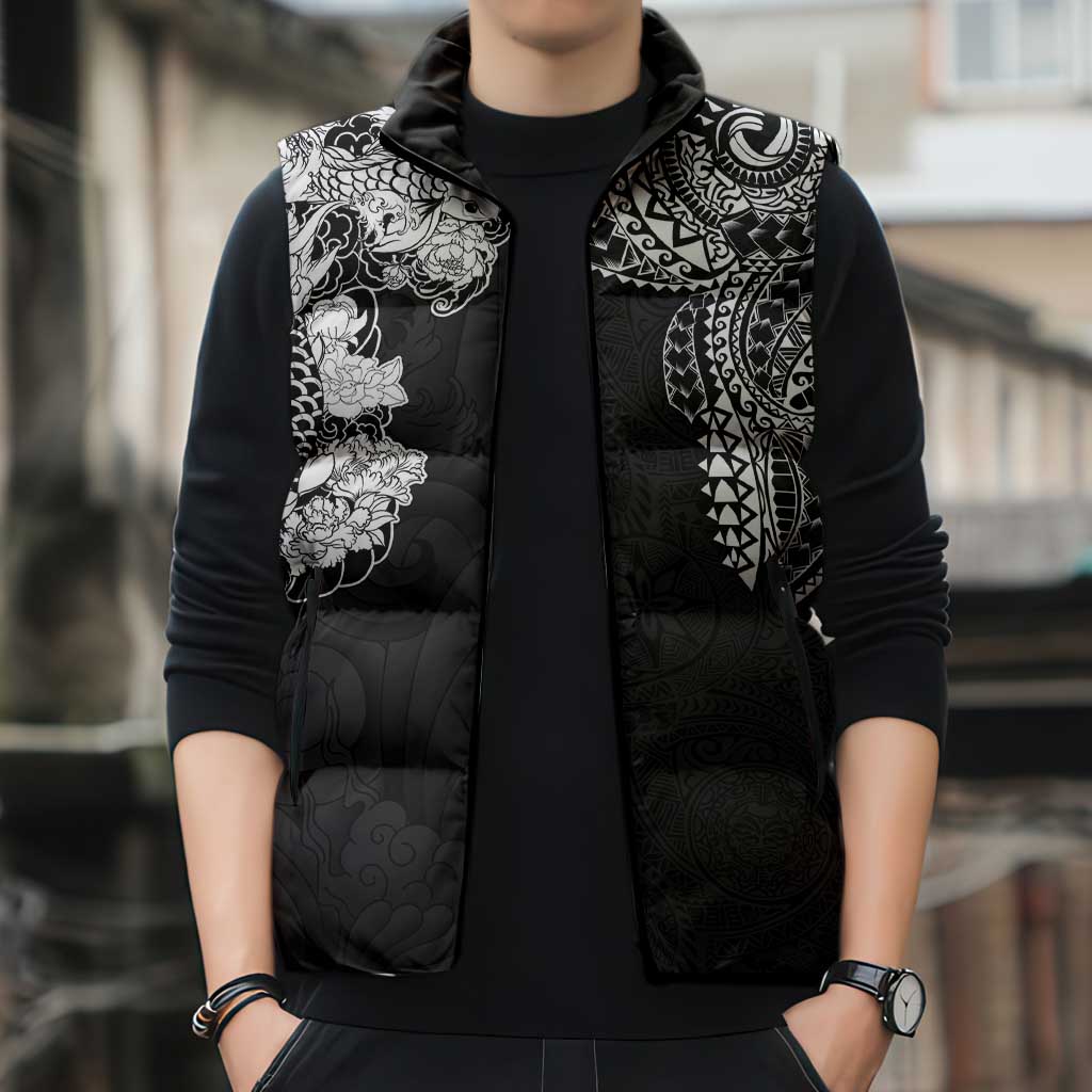 Japanese Irezumi and Hawaiian Polynesian Art Tattoo Sleeveless Puffer Jacket Black Color LT03 - Polynesian Pride