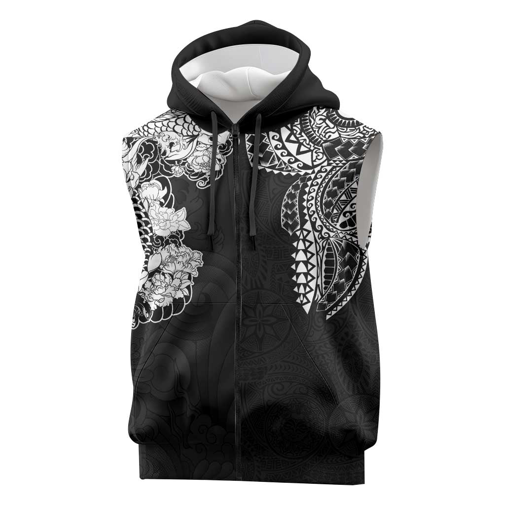 Japanese Irezumi and Hawaiian Polynesian Art Tattoo Sleeveless Zip Hoodie Black Color - Polynesian Pride