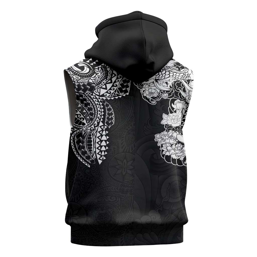 Japanese Irezumi and Hawaiian Polynesian Art Tattoo Sleeveless Zip Hoodie Black Color LT03 - Polynesian Pride
