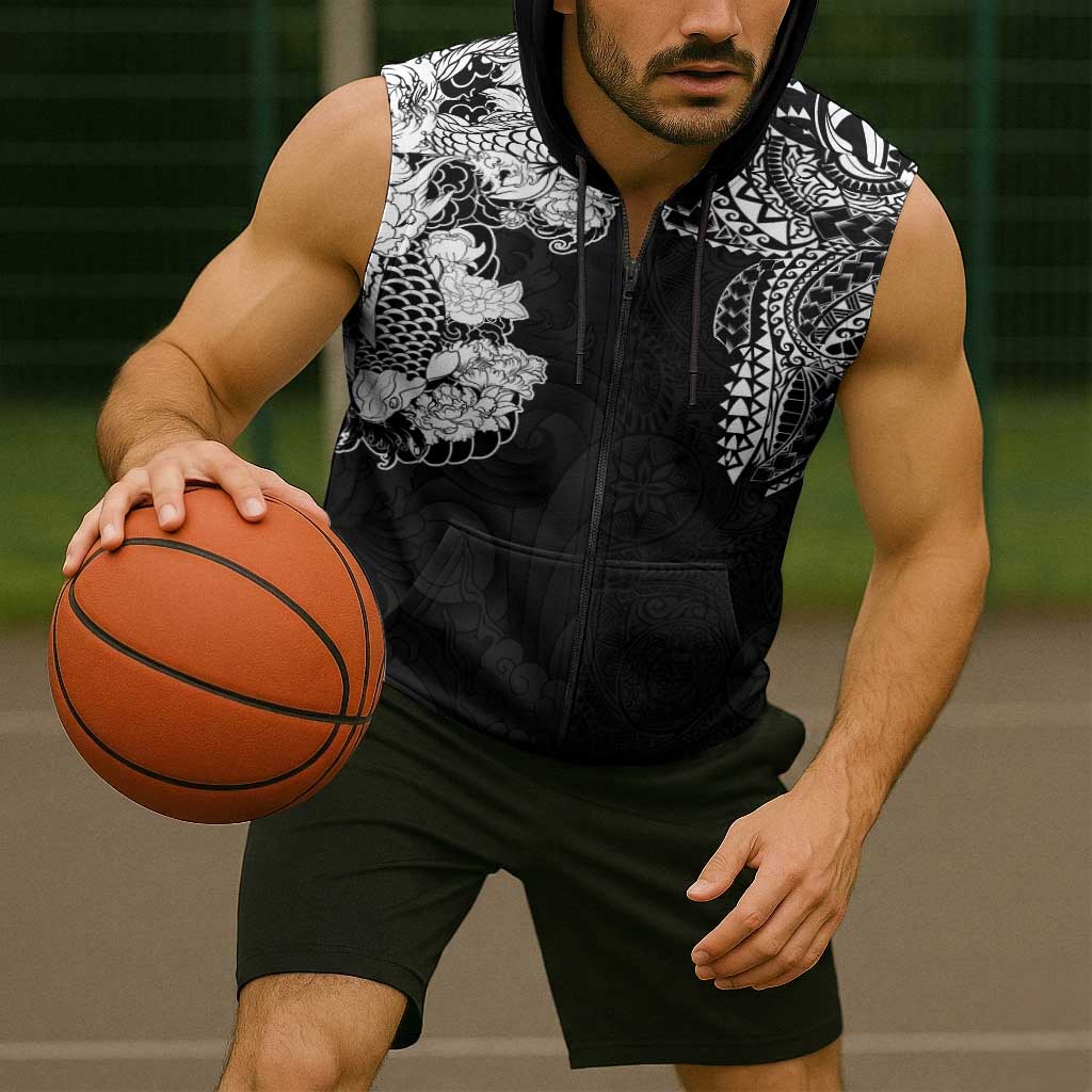 Japanese Irezumi and Hawaiian Polynesian Art Tattoo Sleeveless Zip Hoodie Black Color LT03 - Polynesian Pride