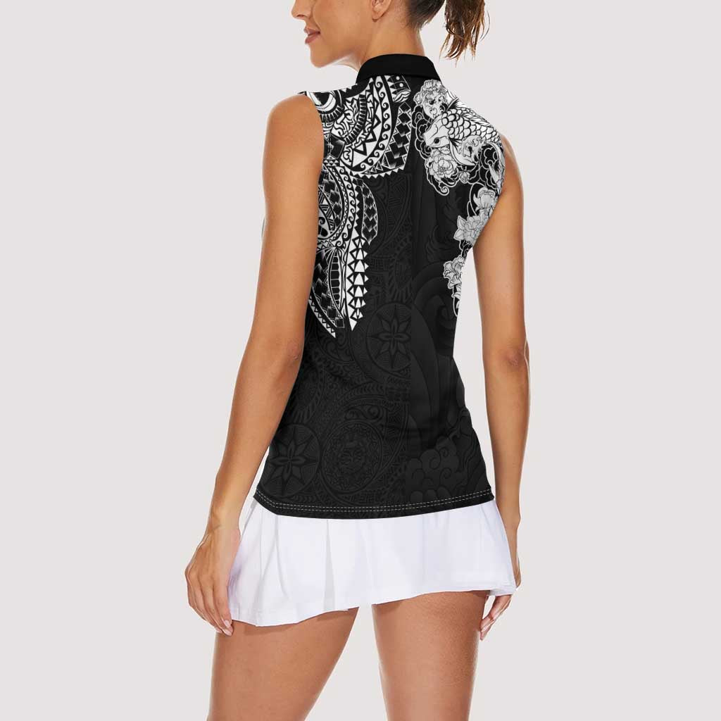 Japanese Irezumi and Hawaiian Polynesian Art Tattoo Women Sleeveless Polo Shirt Black Color LT03 - Polynesian Pride