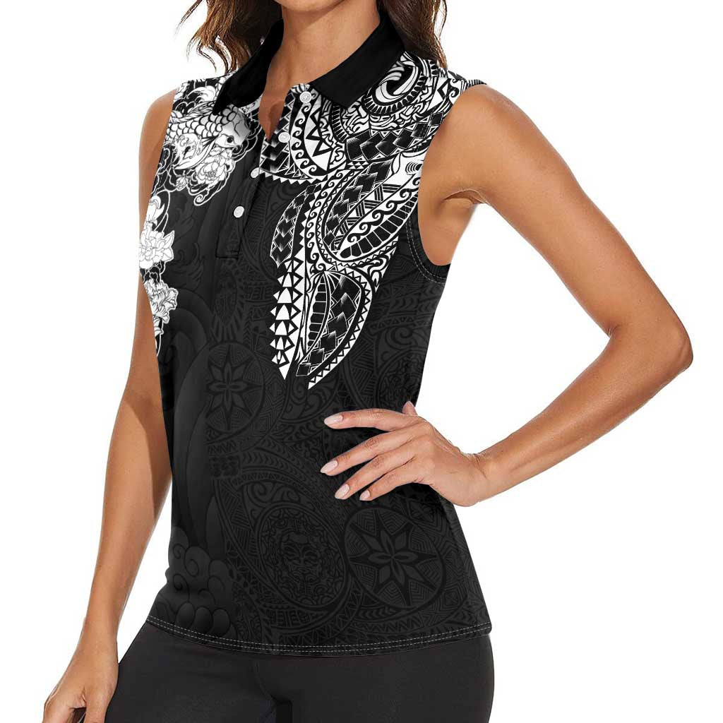 Japanese Irezumi and Hawaiian Polynesian Art Tattoo Women Sleeveless Polo Shirt Black Color LT03 - Polynesian Pride