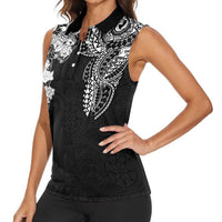 Japanese Irezumi and Hawaiian Polynesian Art Tattoo Women Sleeveless Polo Shirt Black Color LT03 - Polynesian Pride