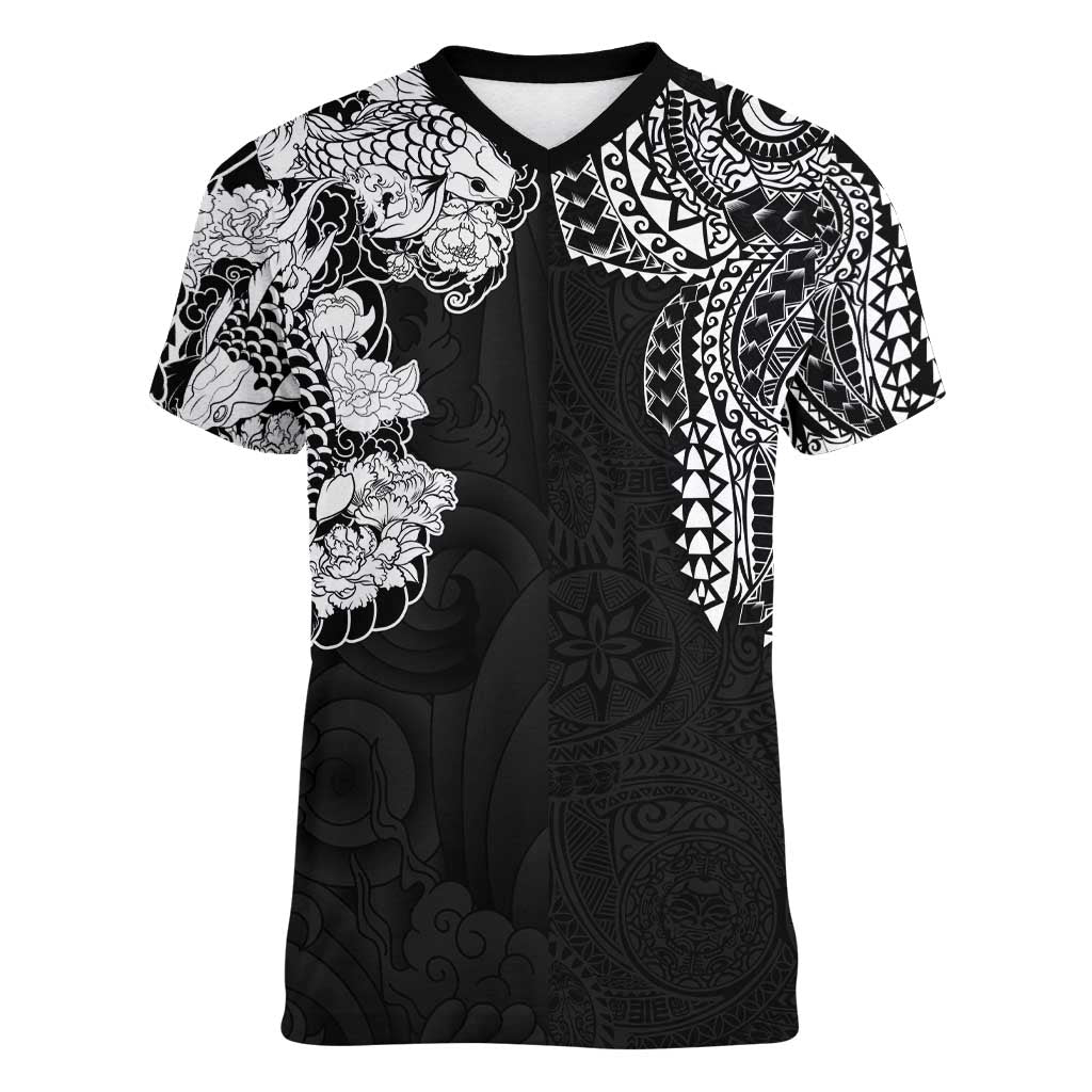 Japanese Irezumi and Hawaiian Polynesian Art Tattoo Women V-Neck T-Shirt Black Color LT03 Female Black - Polynesian Pride