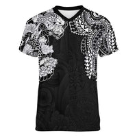 Japanese Irezumi and Hawaiian Polynesian Art Tattoo Women V-Neck T-Shirt Black Color LT03 Female Black - Polynesian Pride