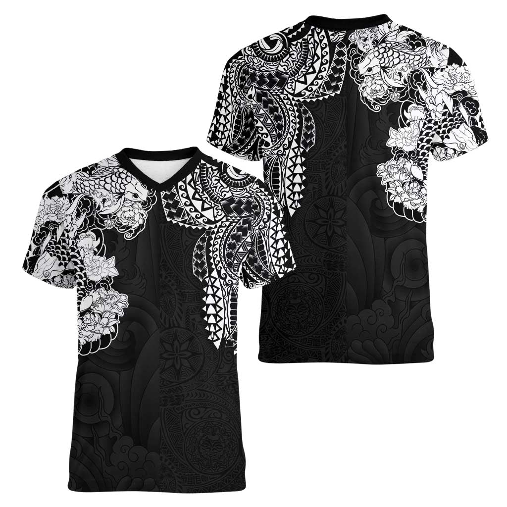 Japanese Irezumi and Hawaiian Polynesian Art Tattoo Women V-Neck T-Shirt Black Color LT03 - Polynesian Pride