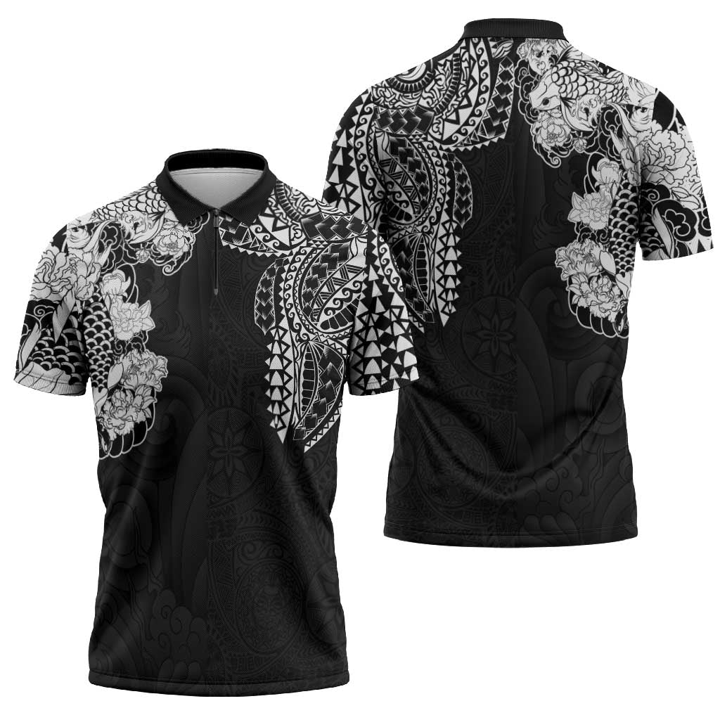 Japanese Irezumi and Hawaiian Polynesian Art Tattoo Zipper Polo Shirt Black Color LT03 - Polynesian Pride