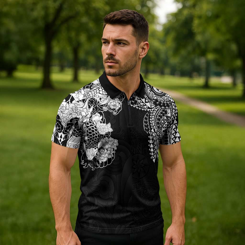 Japanese Irezumi and Hawaiian Polynesian Art Tattoo Zipper Polo Shirt Black Color LT03 - Polynesian Pride