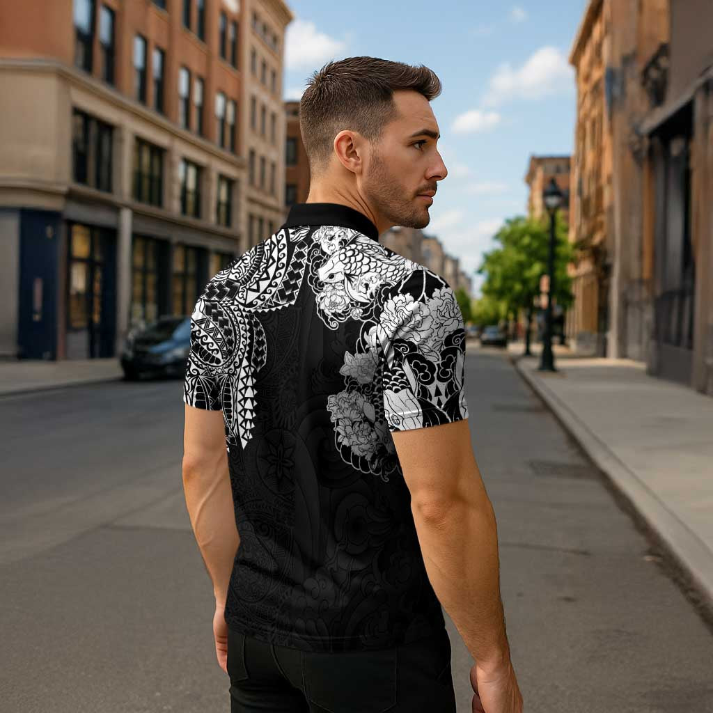 Japanese Irezumi and Hawaiian Polynesian Art Tattoo Zipper Polo Shirt Black Color LT03 - Polynesian Pride