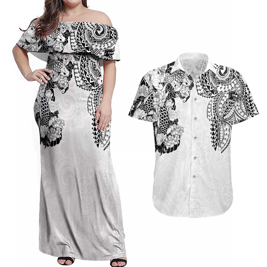Japanese Irezumi and Hawaiian Polynesian Art Tattoo Couples Matching Off Shoulder Maxi Dress and Hawaiian Shirt White Color LT03 White - Polynesian Pride