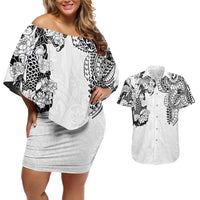 Japanese Irezumi and Hawaiian Polynesian Art Tattoo Couples Matching Off Shoulder Short Dress and Hawaiian Shirt White Color LT03 White - Polynesian Pride