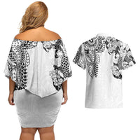 Japanese Irezumi and Hawaiian Polynesian Art Tattoo Couples Matching Off Shoulder Short Dress and Hawaiian Shirt White Color LT03 - Polynesian Pride