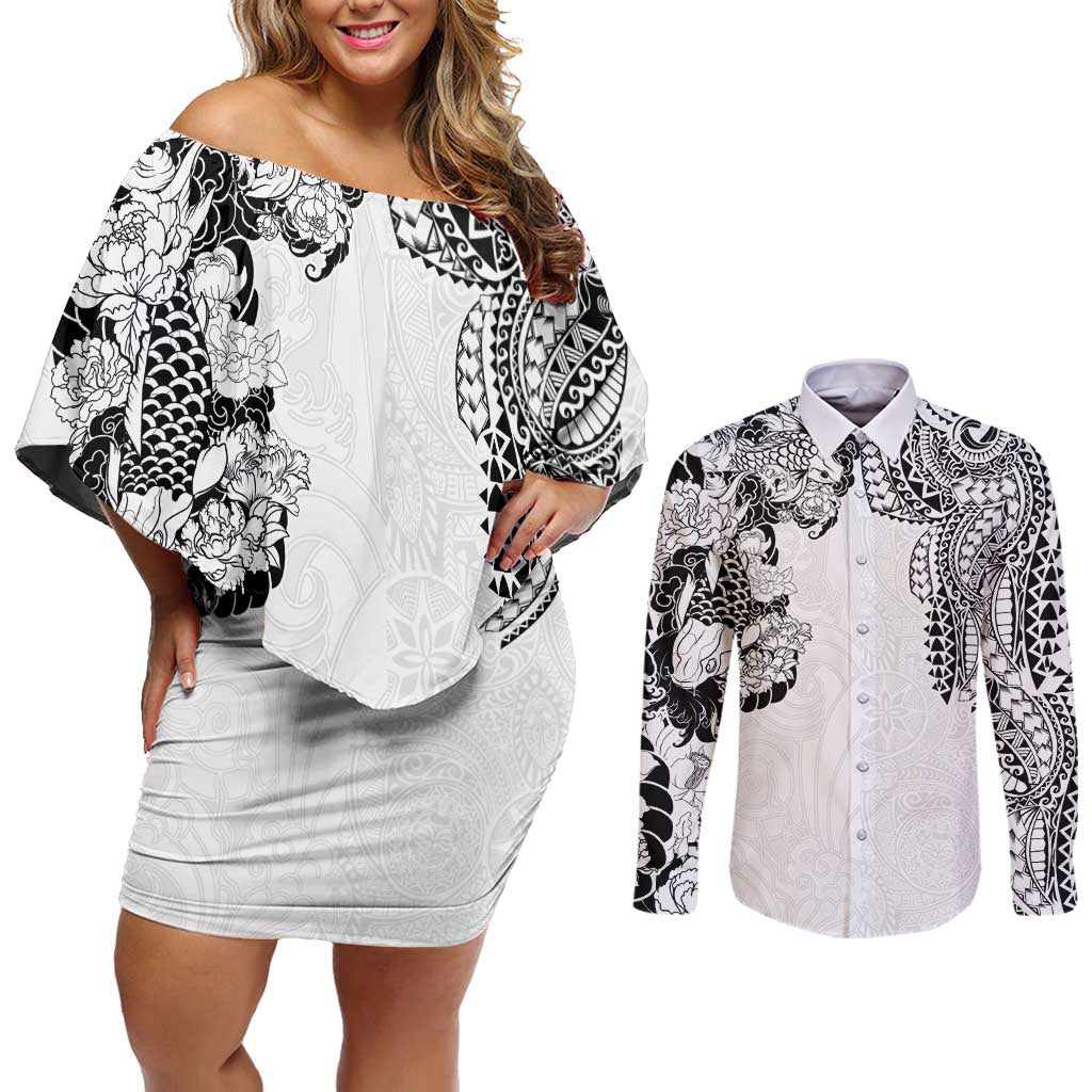 Japanese Irezumi and Hawaiian Polynesian Art Tattoo Couples Matching Off Shoulder Short Dress and Long Sleeve Button Shirt White Color LT03 White - Polynesian Pride