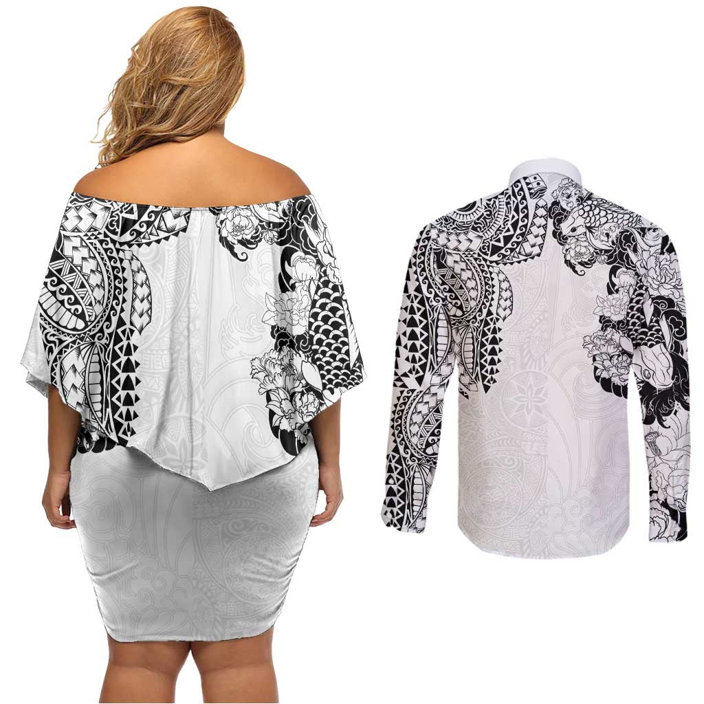 Japanese Irezumi and Hawaiian Polynesian Art Tattoo Couples Matching Off Shoulder Short Dress and Long Sleeve Button Shirt White Color LT03 - Polynesian Pride
