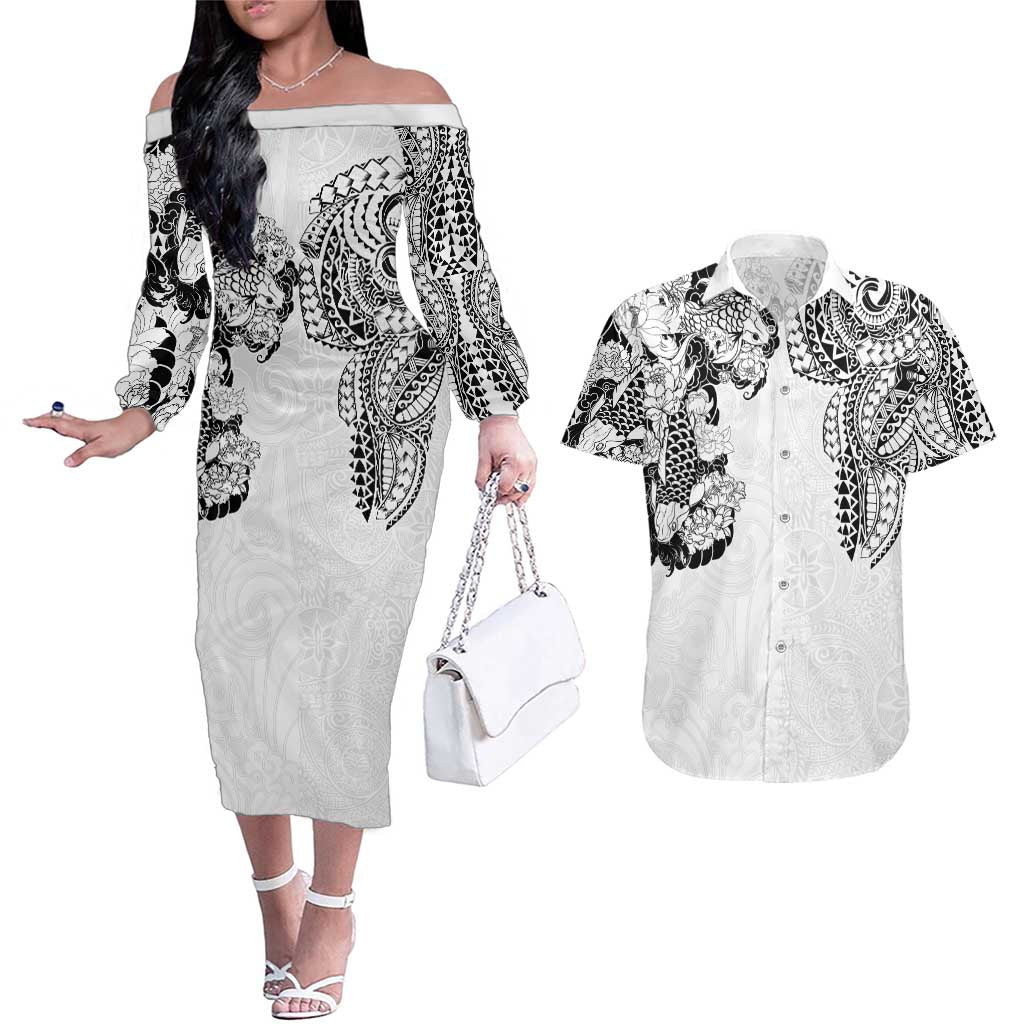 Japanese Irezumi and Hawaiian Polynesian Art Tattoo Couples Matching Off The Shoulder Long Sleeve Dress and Hawaiian Shirt White Color LT03 White - Polynesian Pride
