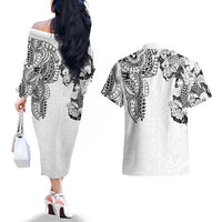 Japanese Irezumi and Hawaiian Polynesian Art Tattoo Couples Matching Off The Shoulder Long Sleeve Dress and Hawaiian Shirt White Color LT03 - Polynesian Pride