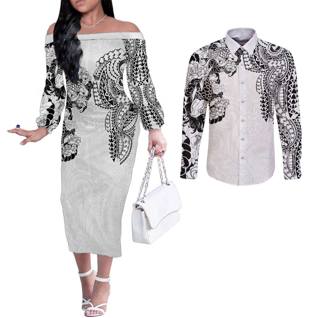 Japanese Irezumi and Hawaiian Polynesian Art Tattoo Couples Matching Off The Shoulder Long Sleeve Dress and Long Sleeve Button Shirt White Color LT03 White - Polynesian Pride