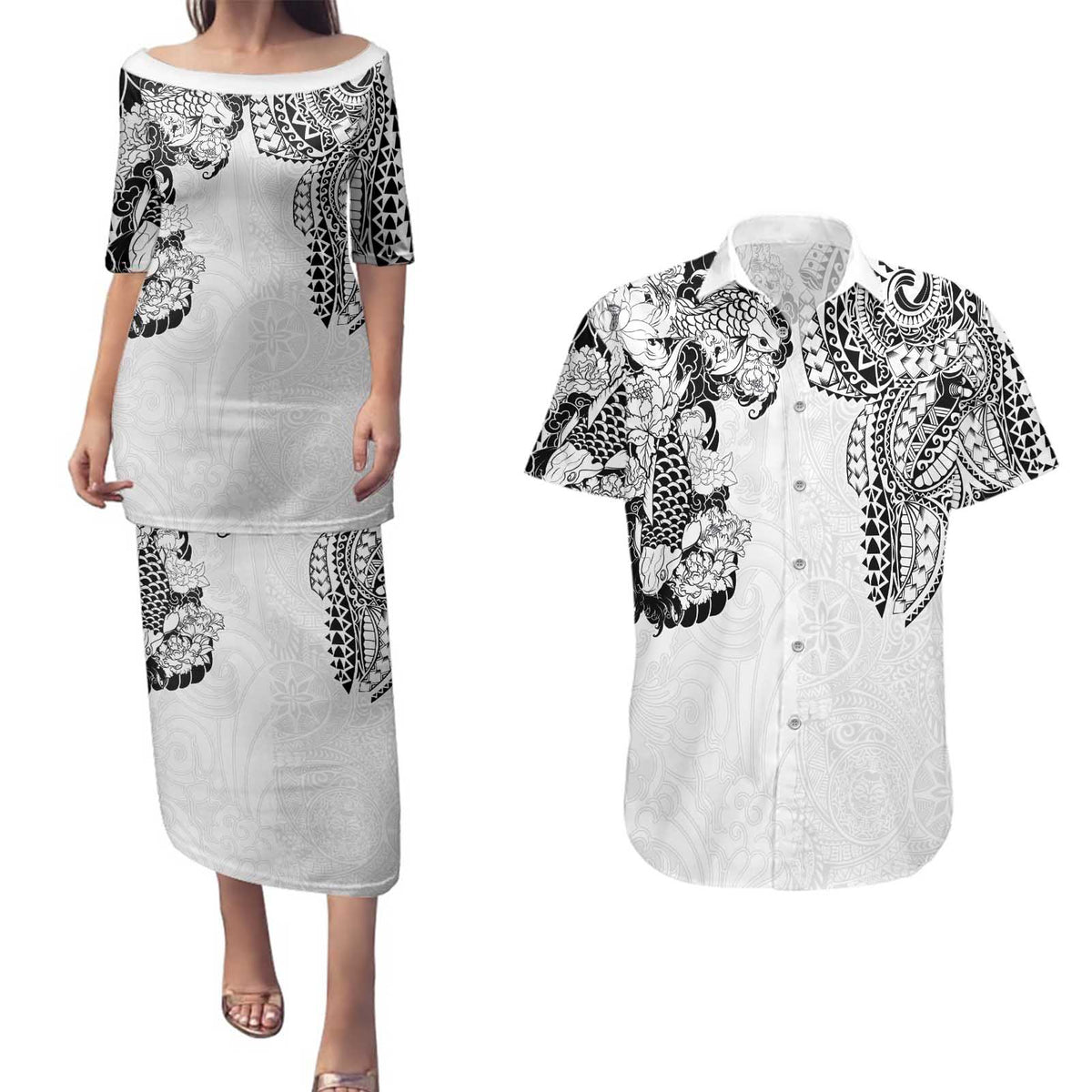 Japanese Irezumi and Hawaiian Polynesian Art Tattoo Couples Matching Puletasi and Hawaiian Shirt White Color LT03 White - Polynesian Pride