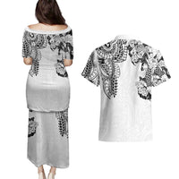 Japanese Irezumi and Hawaiian Polynesian Art Tattoo Couples Matching Puletasi and Hawaiian Shirt White Color LT03 - Polynesian Pride