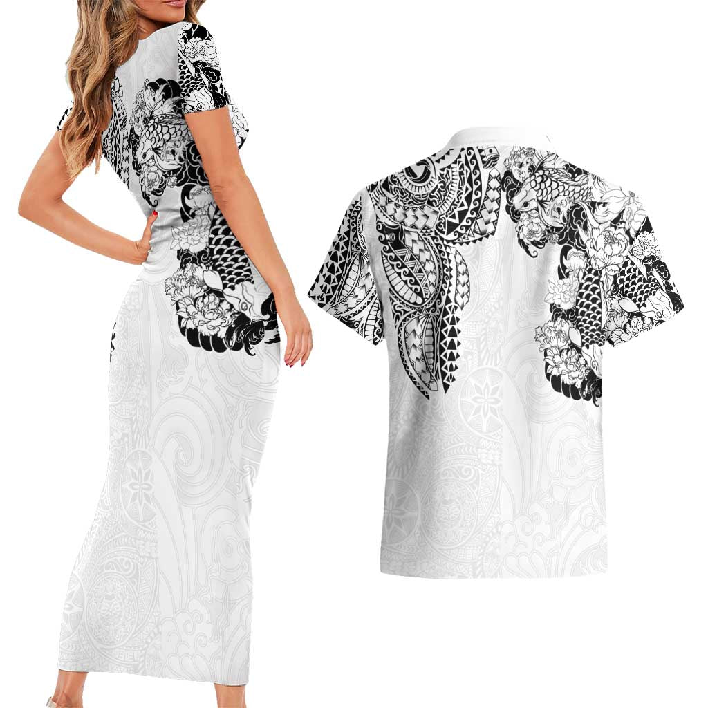 Japanese Irezumi and Hawaiian Polynesian Art Tattoo Couples Matching Short Sleeve Bodycon Dress and Hawaiian Shirt White Color LT03 - Polynesian Pride
