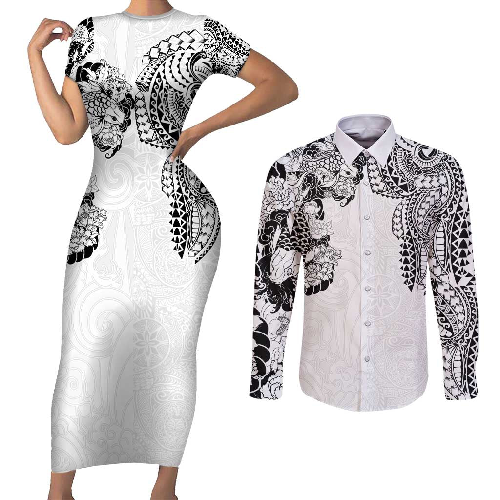 Japanese Irezumi and Hawaiian Polynesian Art Tattoo Couples Matching Short Sleeve Bodycon Dress and Long Sleeve Button Shirt White Color LT03 White - Polynesian Pride