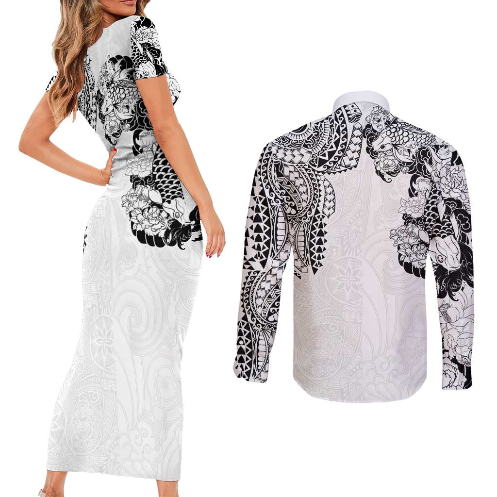 Japanese Irezumi and Hawaiian Polynesian Art Tattoo Couples Matching Short Sleeve Bodycon Dress and Long Sleeve Button Shirt White Color LT03 - Polynesian Pride