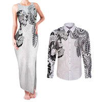 Japanese Irezumi and Hawaiian Polynesian Art Tattoo Couples Matching Tank Maxi Dress and Long Sleeve Button Shirt White Color LT03 White - Polynesian Pride