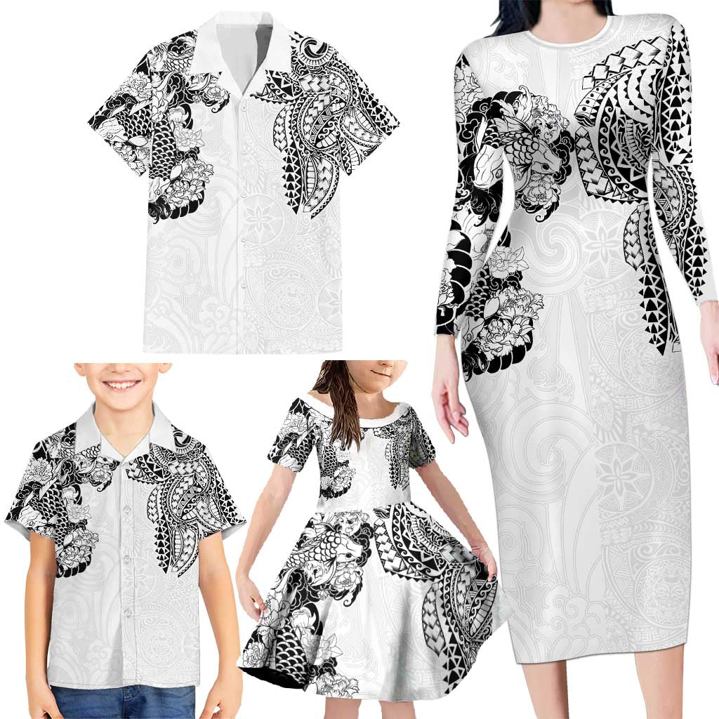 Japanese Irezumi and Hawaiian Polynesian Art Tattoo Family Matching Long Sleeve Bodycon Dress and Hawaiian Shirt White Color LT03 - Polynesian Pride