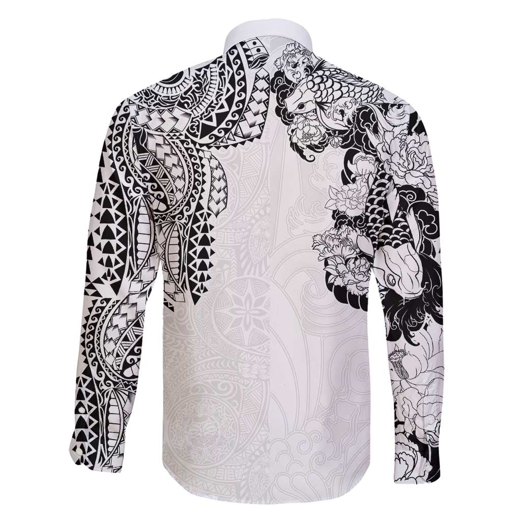 Japanese Irezumi and Hawaiian Polynesian Art Tattoo Family Matching Long Sleeve Bodycon Dress and Hawaiian Shirt White Color LT03 - Polynesian Pride