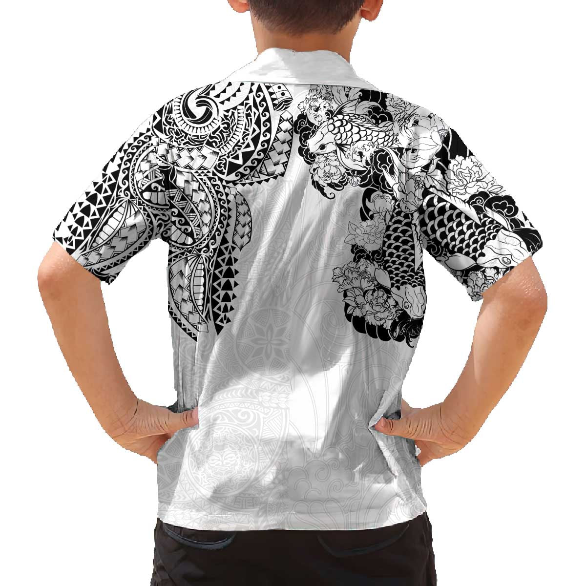 Japanese Irezumi and Hawaiian Polynesian Art Tattoo Family Matching Off The Shoulder Long Sleeve Dress and Hawaiian Shirt White Color LT03 - Polynesian Pride