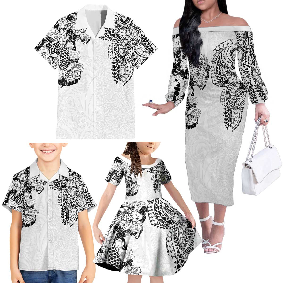 Japanese Irezumi and Hawaiian Polynesian Art Tattoo Family Matching Off The Shoulder Long Sleeve Dress and Hawaiian Shirt White Color LT03 - Polynesian Pride