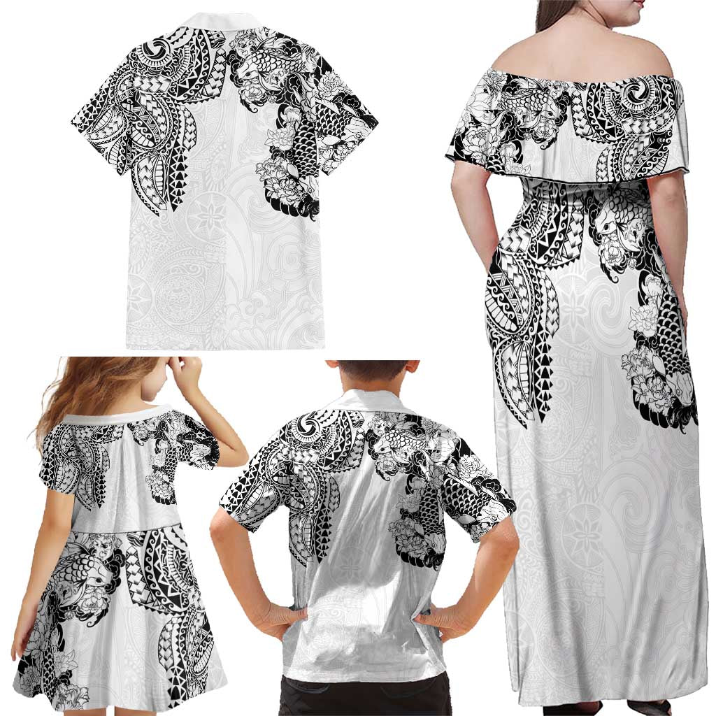 Japanese Irezumi and Hawaiian Polynesian Art Tattoo Family Matching Off Shoulder Maxi Dress and Hawaiian Shirt White Color LT03 - Polynesian Pride
