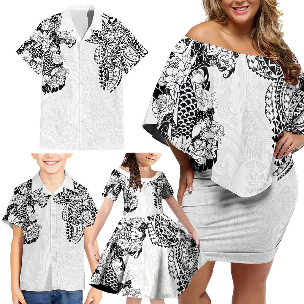 Japanese Irezumi and Hawaiian Polynesian Art Tattoo Family Matching Off Shoulder Short Dress and Hawaiian Shirt White Color LT03 - Polynesian Pride
