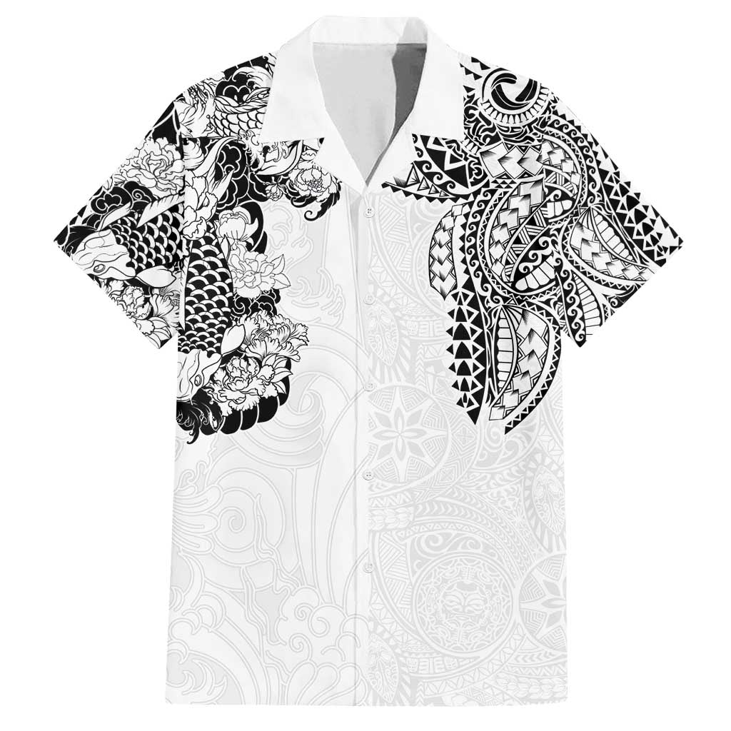 Japanese Irezumi and Hawaiian Polynesian Art Tattoo Family Matching Off Shoulder Short Dress and Hawaiian Shirt White Color LT03 Dad's Shirt - Short Sleeve White - Polynesian Pride