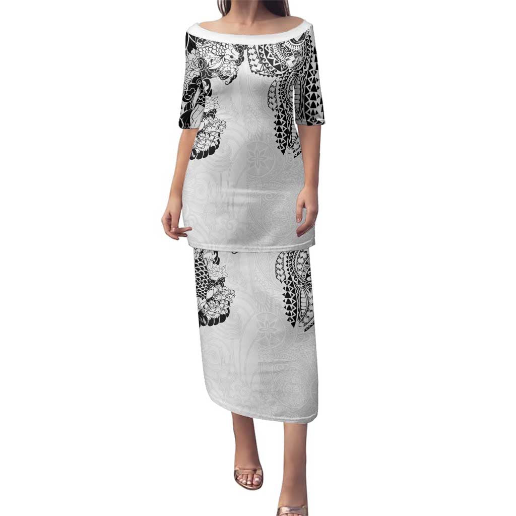 Japanese Irezumi and Hawaiian Polynesian Art Tattoo Family Matching Puletasi and Hawaiian Shirt White Color LT03 Mom's Dress White - Polynesian Pride
