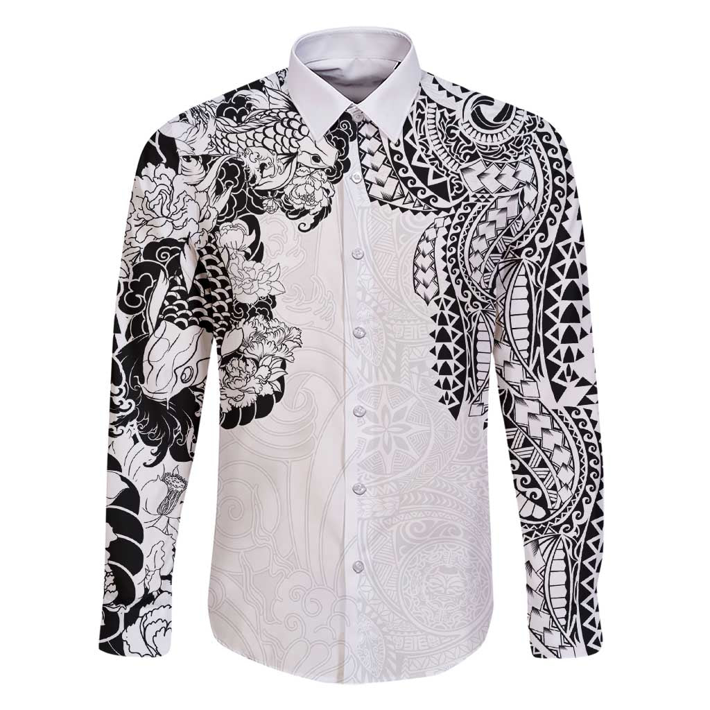 Japanese Irezumi and Hawaiian Polynesian Art Tattoo Family Matching Short Sleeve Bodycon Dress and Hawaiian Shirt White Color LT03 Dad's Shirt - Long Sleeve White - Polynesian Pride