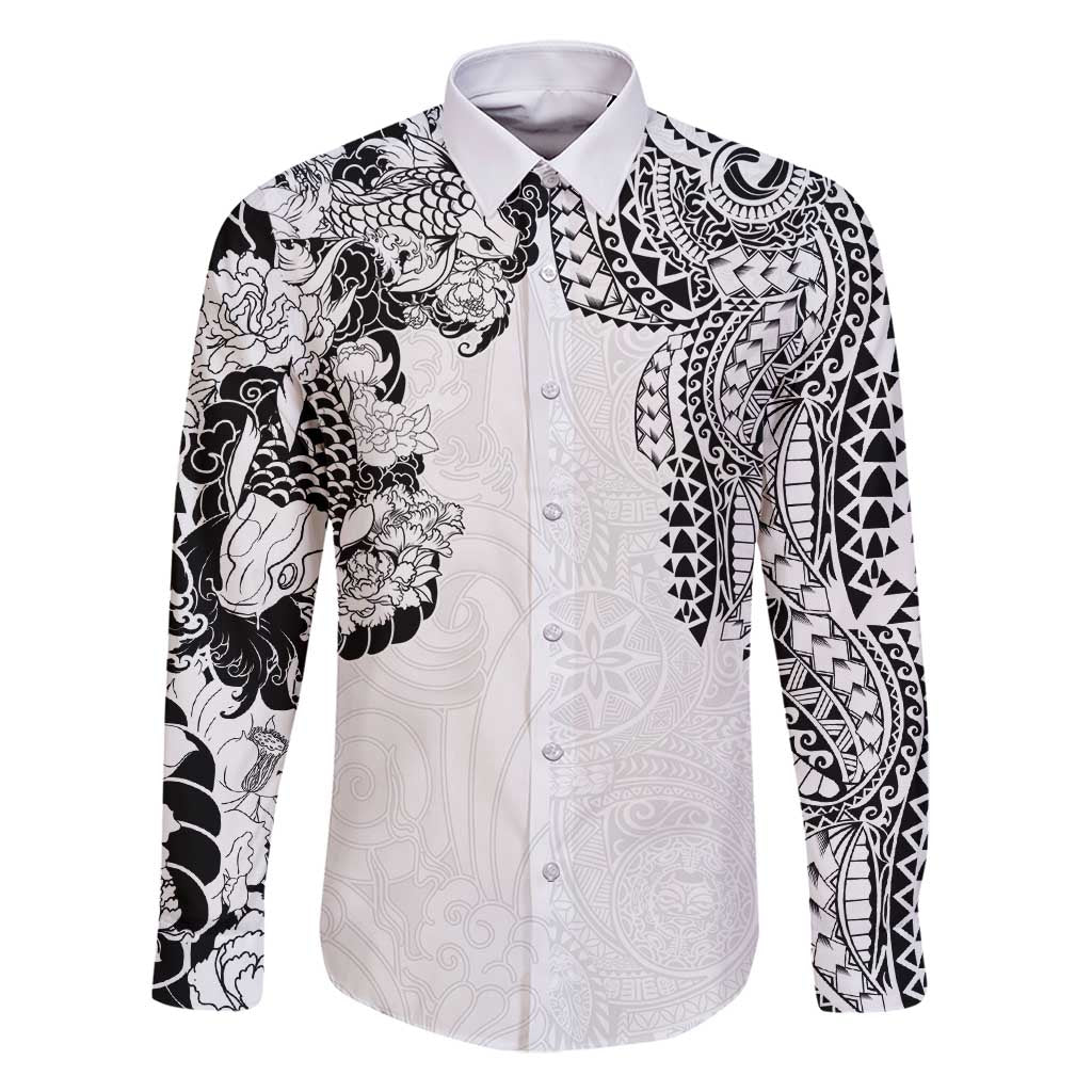 Japanese Irezumi and Hawaiian Polynesian Art Tattoo Family Matching Summer Maxi Dress and Hawaiian Shirt White Color LT03 Dad's Shirt - Long Sleeve White - Polynesian Pride