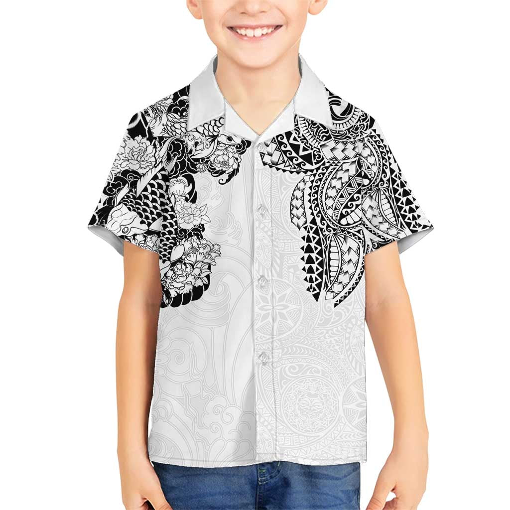 Japanese Irezumi and Hawaiian Polynesian Art Tattoo Family Matching Summer Maxi Dress and Hawaiian Shirt White Color LT03 Son's Shirt White - Polynesian Pride