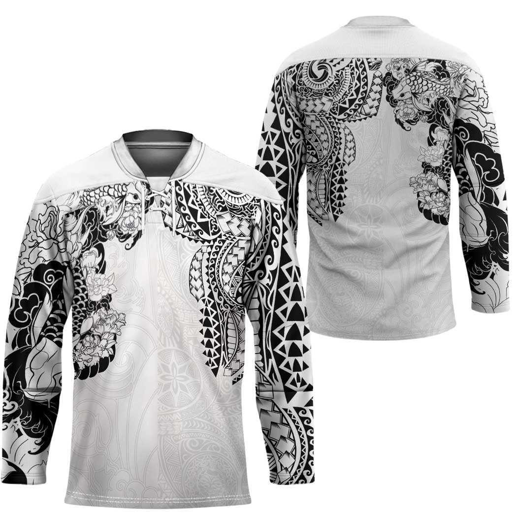 Japanese Irezumi and Hawaiian Polynesian Art Tattoo Hockey Jersey White Color - Polynesian Pride