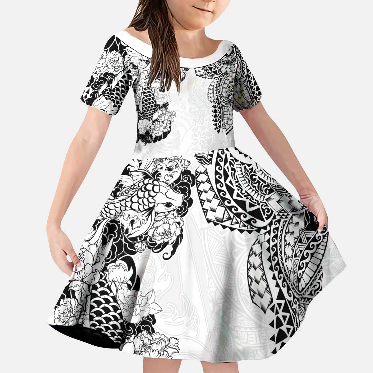 Japanese Irezumi and Hawaiian Polynesian Art Tattoo Kid Short Sleeve Dress White Color LT03 KID White - Polynesian Pride