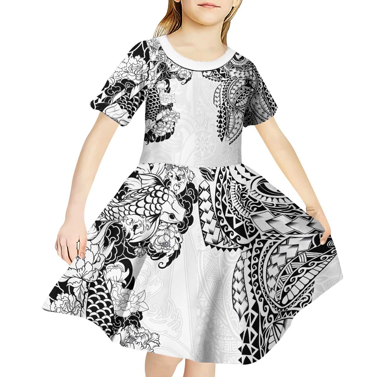 Japanese Irezumi and Hawaiian Polynesian Art Tattoo Kid Short Sleeve Dress White Color LT03 - Polynesian Pride